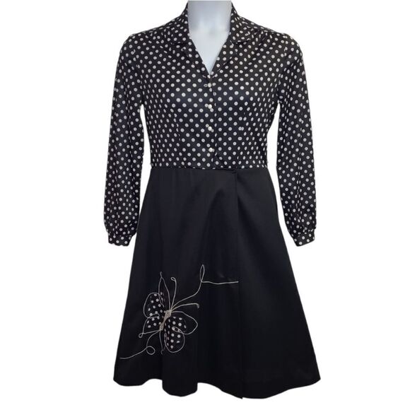 Vintage Dresses & Skirts - VINTAGE 70s black polka dot‎ butterfly half wrap long sleeve dress S
